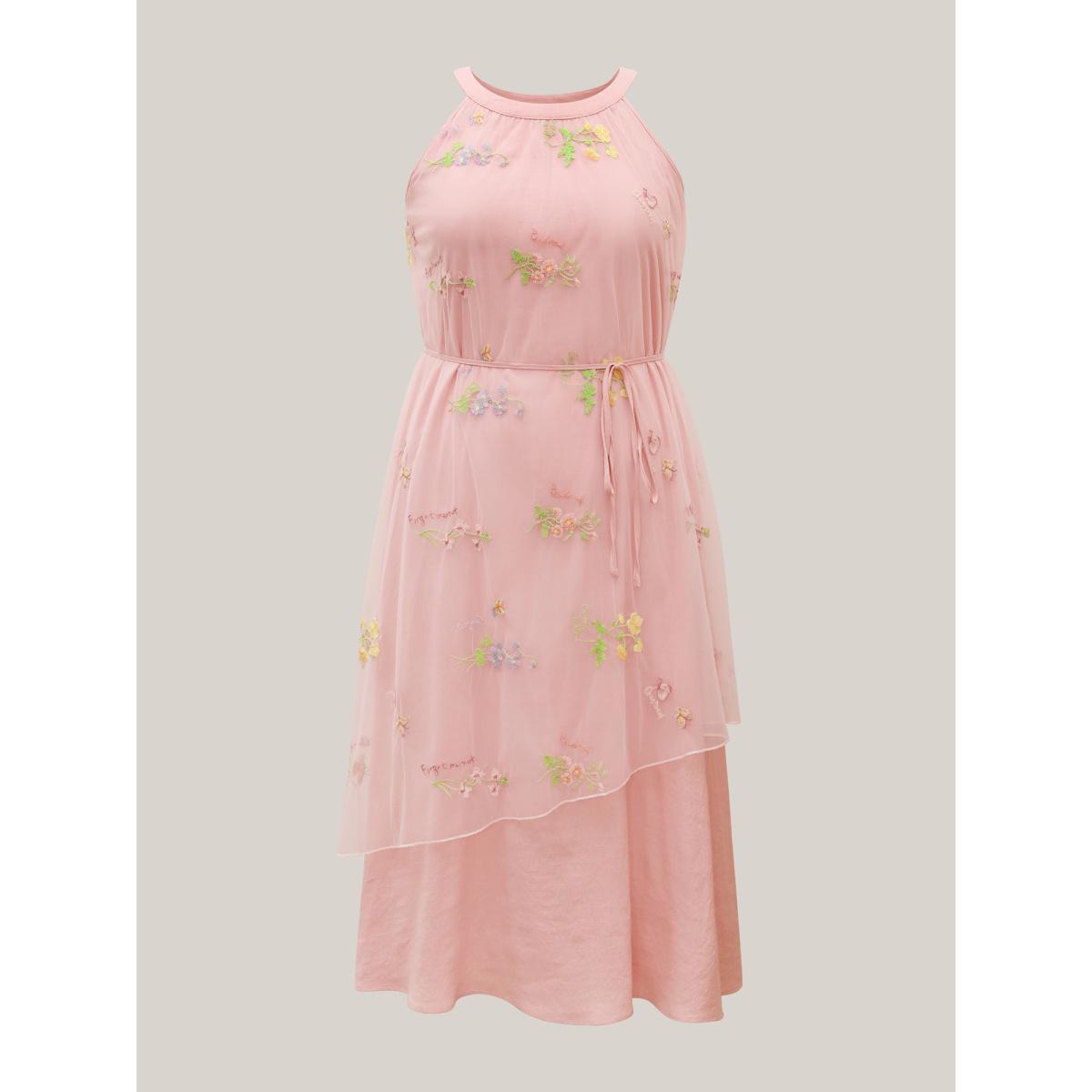 Plus Size Embroidered Mesh Halter Neck Midi Dress MistyRose Women Round Neck Sleeveless Curvy BloomChic 14-16/1X Product Image