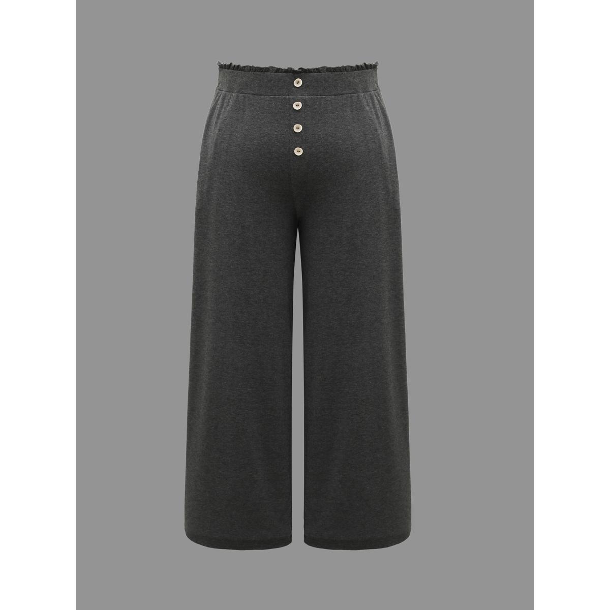 Plus Size Button-Front Ruffled Waist Stretchy Pants Women DimGray Casual Wide Leg Mid Rise Everyday Pants BloomChic 22-24/3X Product Image