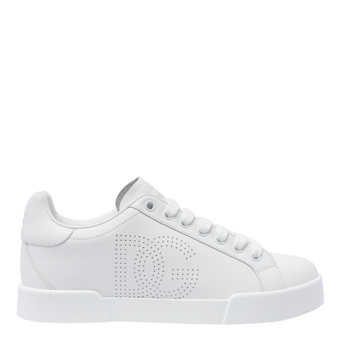 DOLCE & GABBANA Leather Sneakers With Flat Rubber Sole In White Product Image