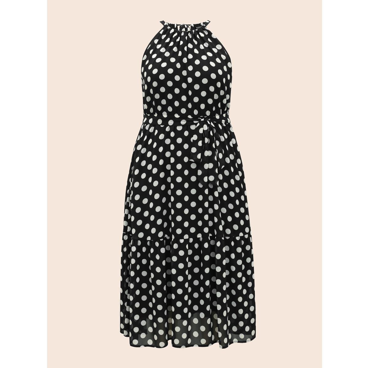 Plus Size Halter Polka Dot Ruffle Hem Belted Dress Black Women Elegant See through Halter neck Sleeveless Curvy BloomChic 30/6X Product Image