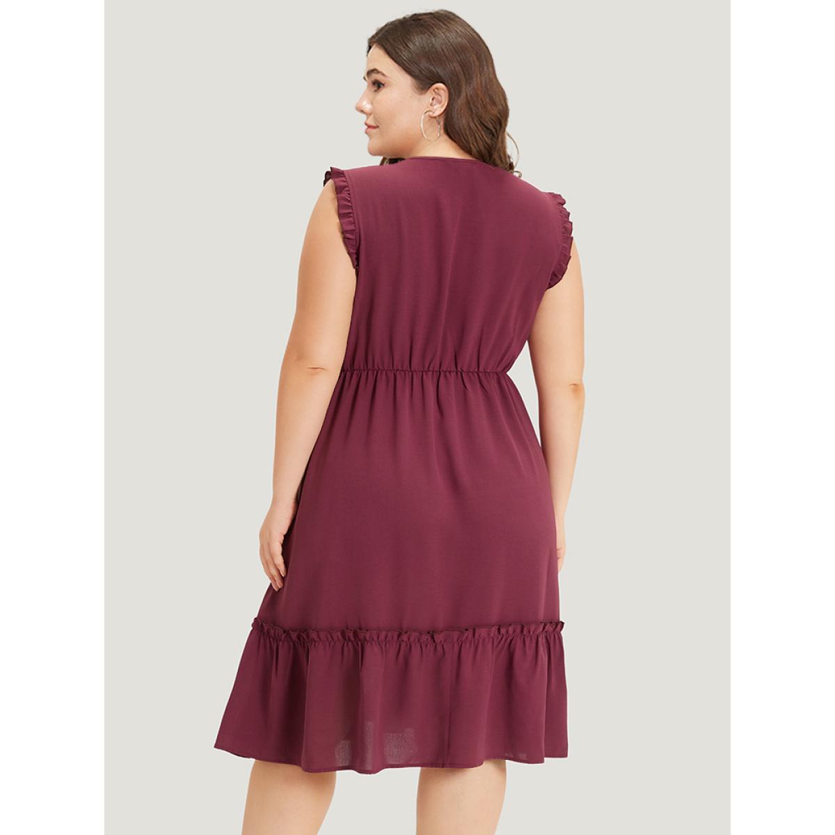 Plus Size Plain Frill Trim Gathered Ties Square Neck Tank Dress Burgundy Women Elegant Plain Square Neck Sleeveless Curvy Midi Dress BloomChic 28/5X Product Image