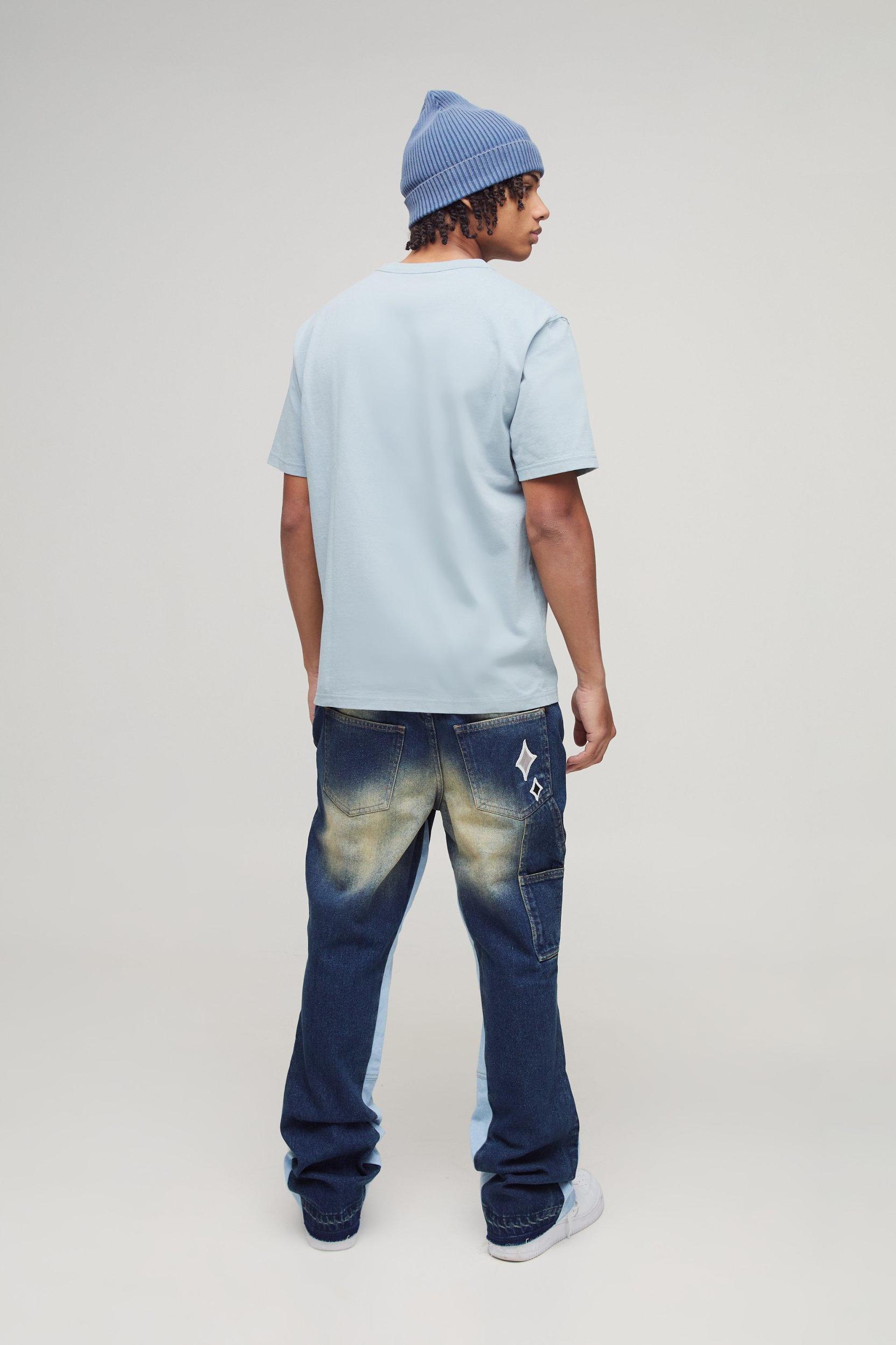 Slim Rigid Flared Carpenter Varsity Badge Gusset Jeans | boohooMAN USA Product Image