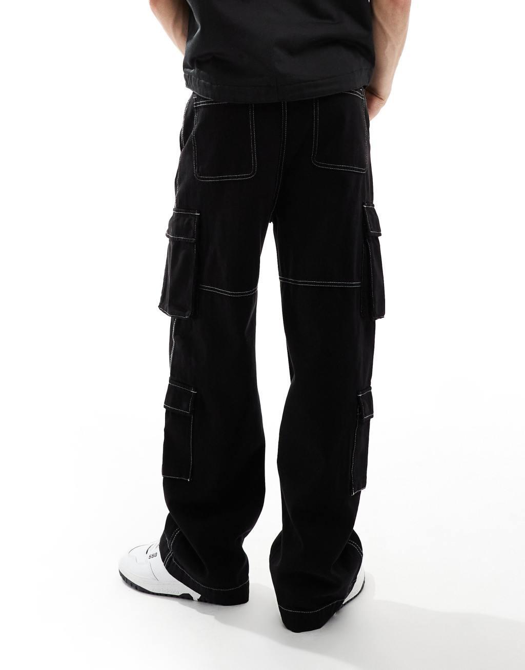 Bershka contrast stitch cargo pants in black Product Image