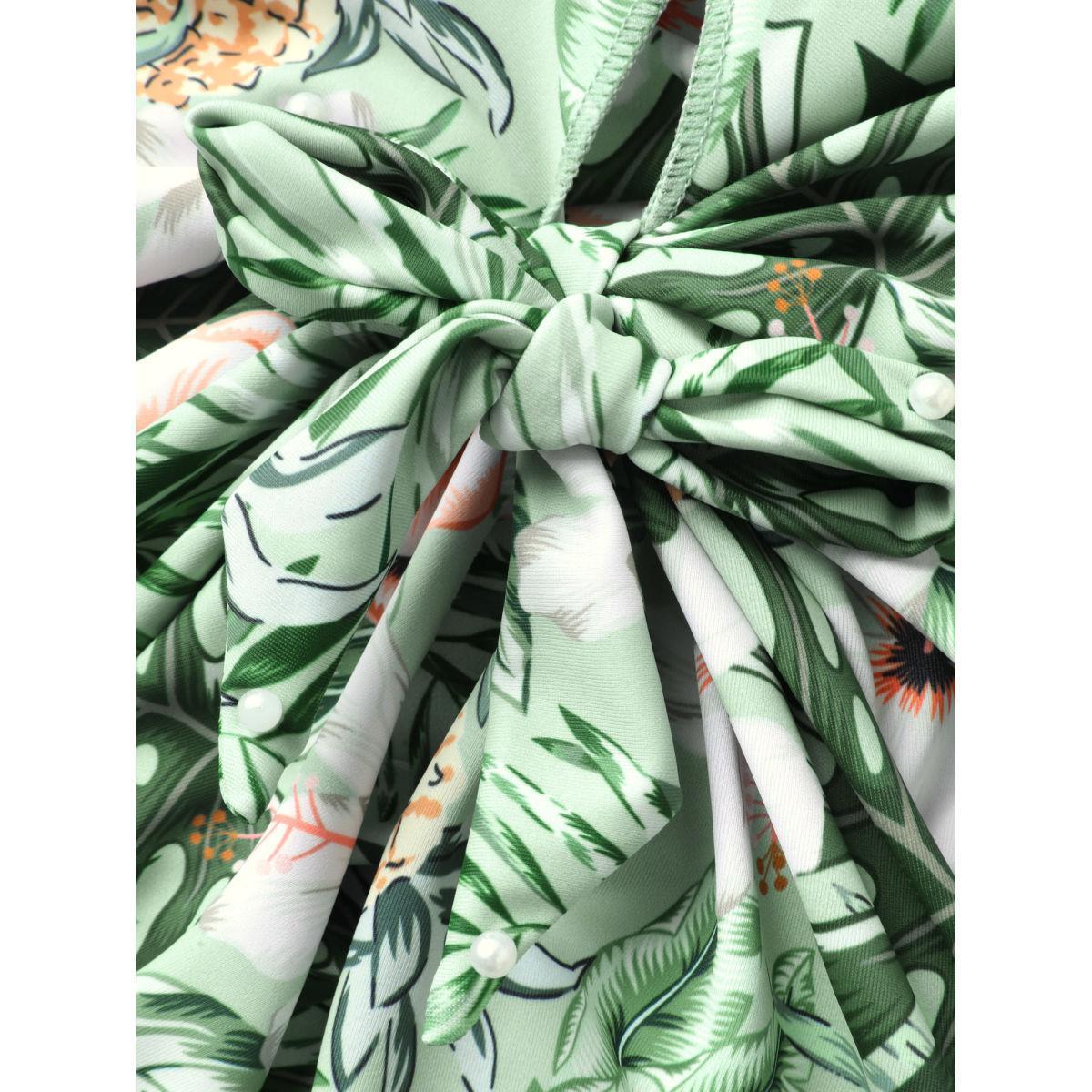 Plus Size Breezy Floral Knotted Twist Swim Dress Women's Swimwear ArmyGreen Beach Bodycon Heart neckline High stretch Curve Swim Dresses BloomChic 12/L Product Image