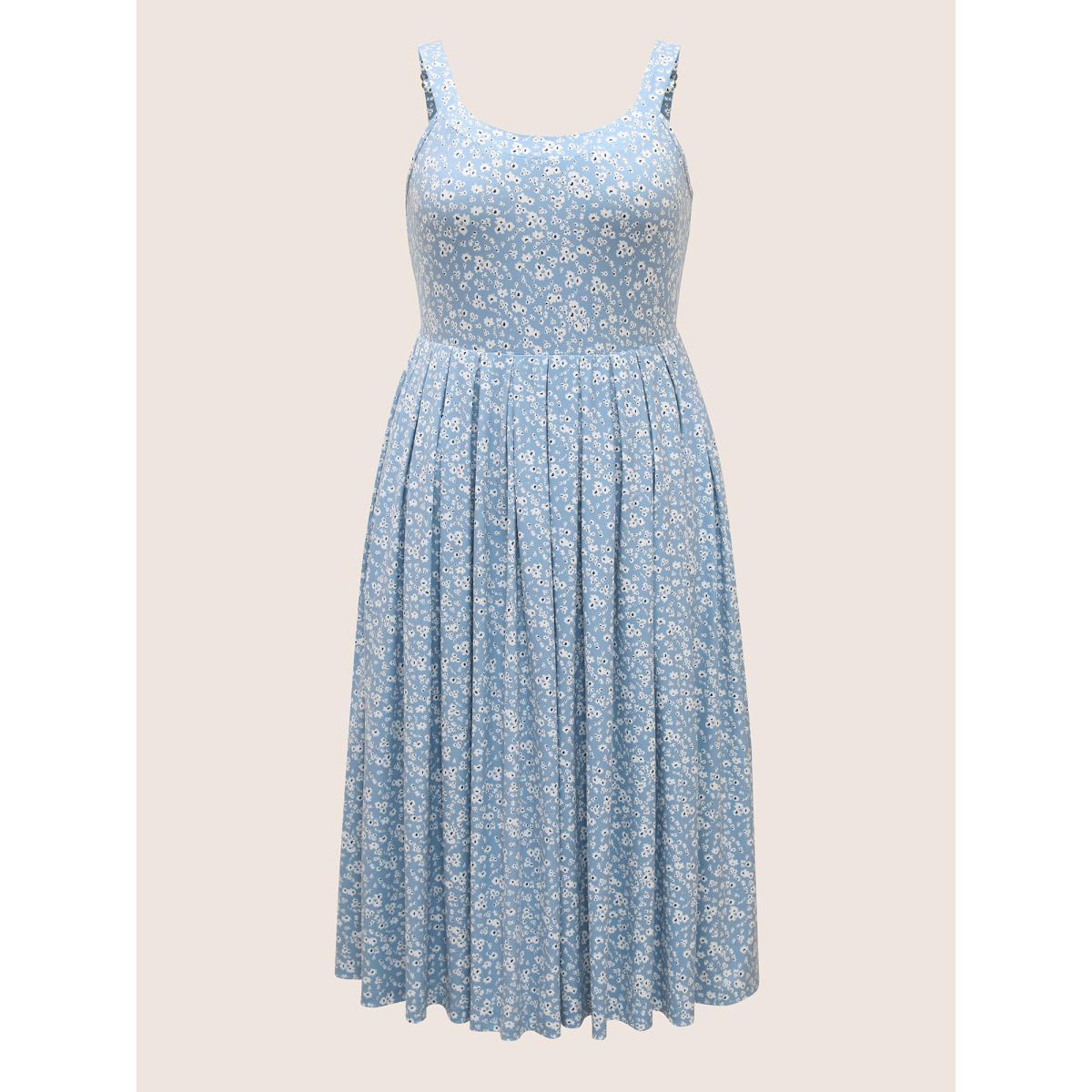 Plus Size U Neck Ditsy Floral Pleated Dress Stone Women Casual Pleated U-neck Sleeveless Curvy BloomChic 12/L Product Image