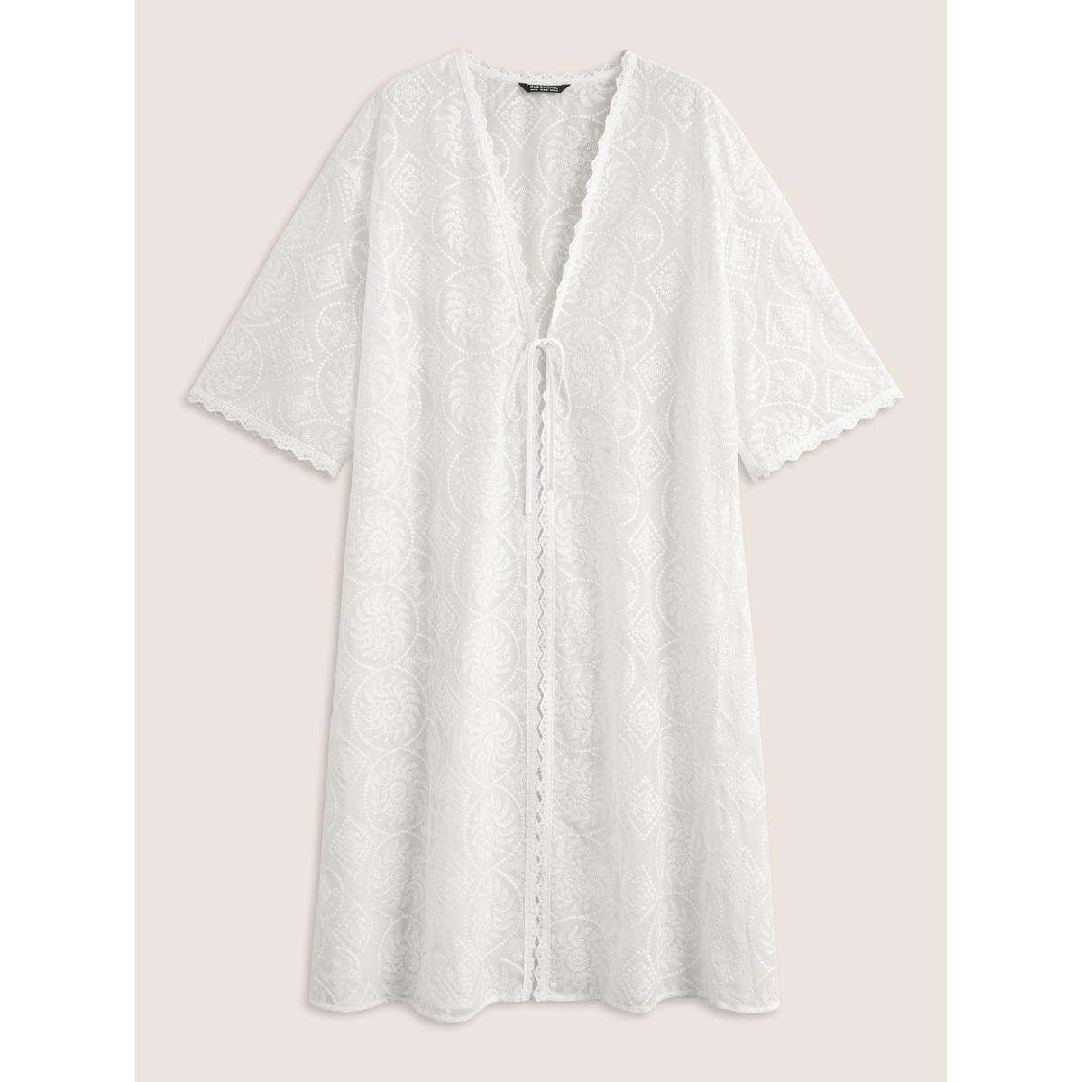 Plus Size Mesh Embroidered Lace Patchwork Ties Kimono Women White Resort Non Vacation Kimonos BloomChic 22-24/3X Product Image