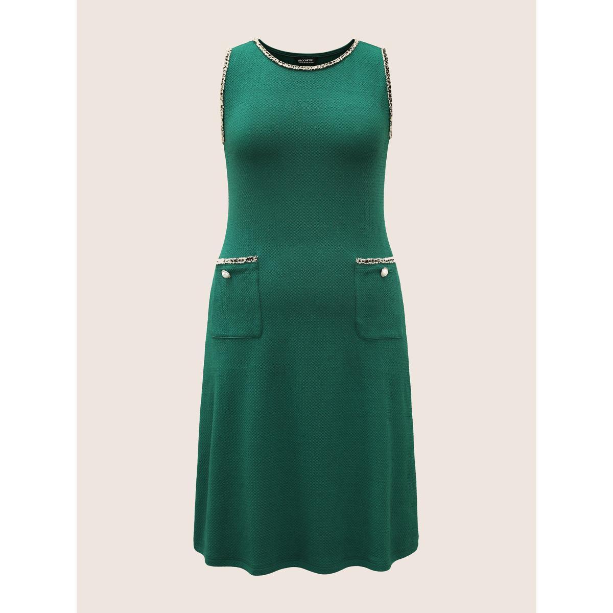 Plus Size Round Neck Contrast Webbing Patched Pocket Dress DarkGreen Women Elegant Texture Round Neck Sleeveless Curvy BloomChic 22-24/3X Product Image