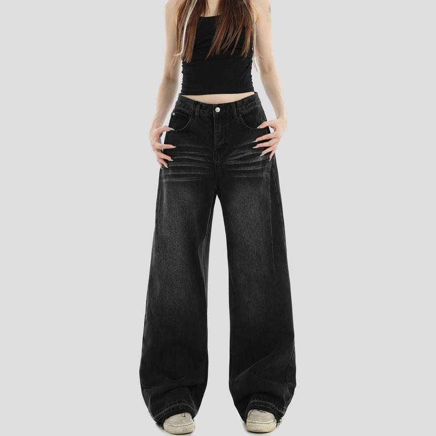 High Waist Washed Wide Leg Jeans Product Image