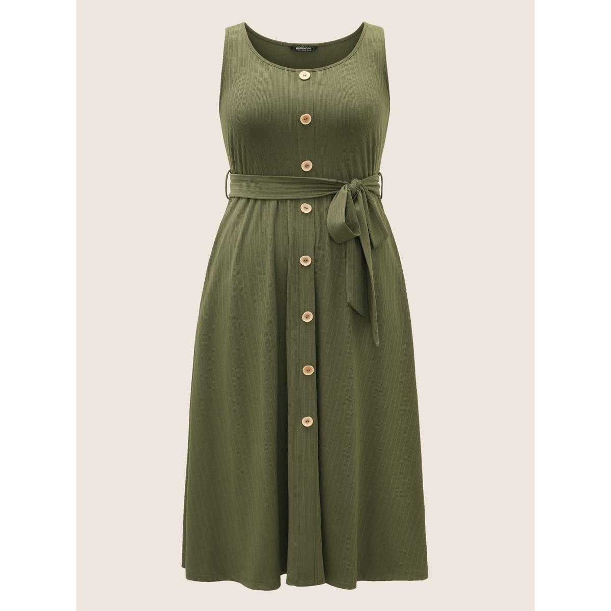 Plus Size Solid Button Detail Sleeveless Knit Dress ArmyGreen Women Casual Texture U-neck Sleeveless Curvy Midi Dress BloomChic 28/5X Product Image