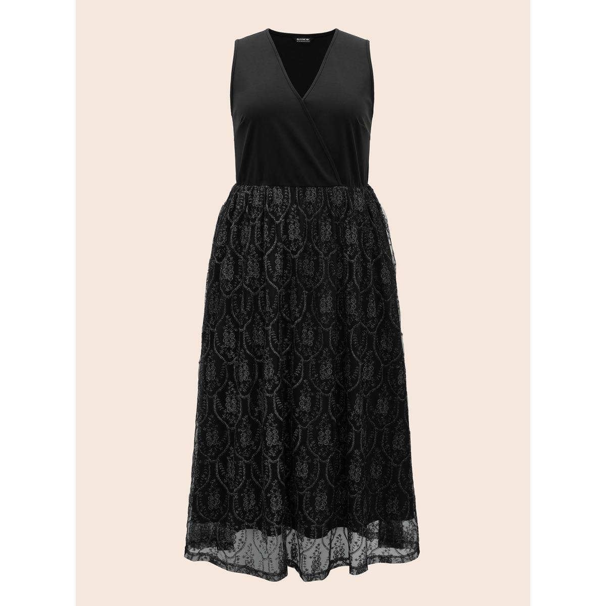 Plus Size Embroidered Mesh Patchwork Sleeveless Dress Black Women Formal Texture Overlap Collar Sleeveless Curvy BloomChic 10/M Product Image