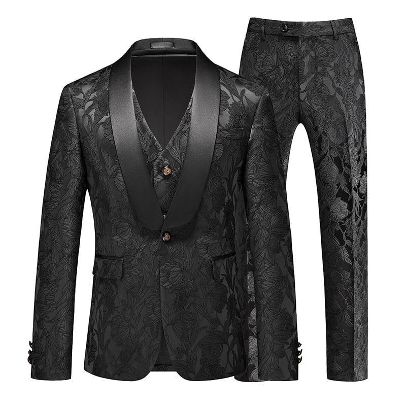 Lapel Collar Floral Single Breasted Blazer / V-Neck Vest / Mid Rise Plain Wide Leg Dress Pants / Set Product Image