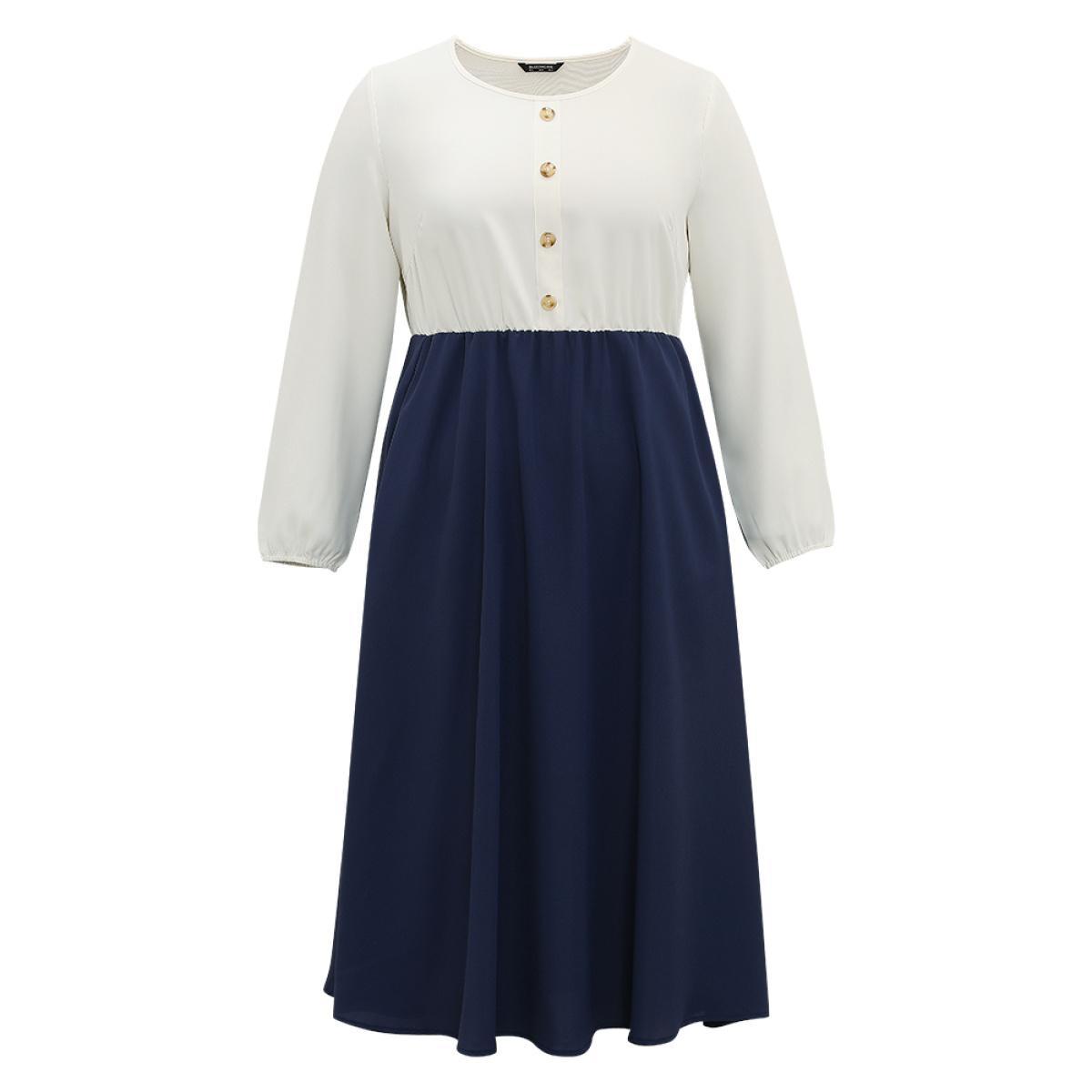 Plus Size Static-Free Contrast Button Detail Pocket Dress DarkBlue Women Elegant Elastic cuffs Round Neck Long Sleeve Curvy Midi Dress BloomChic 28/5X Product Image