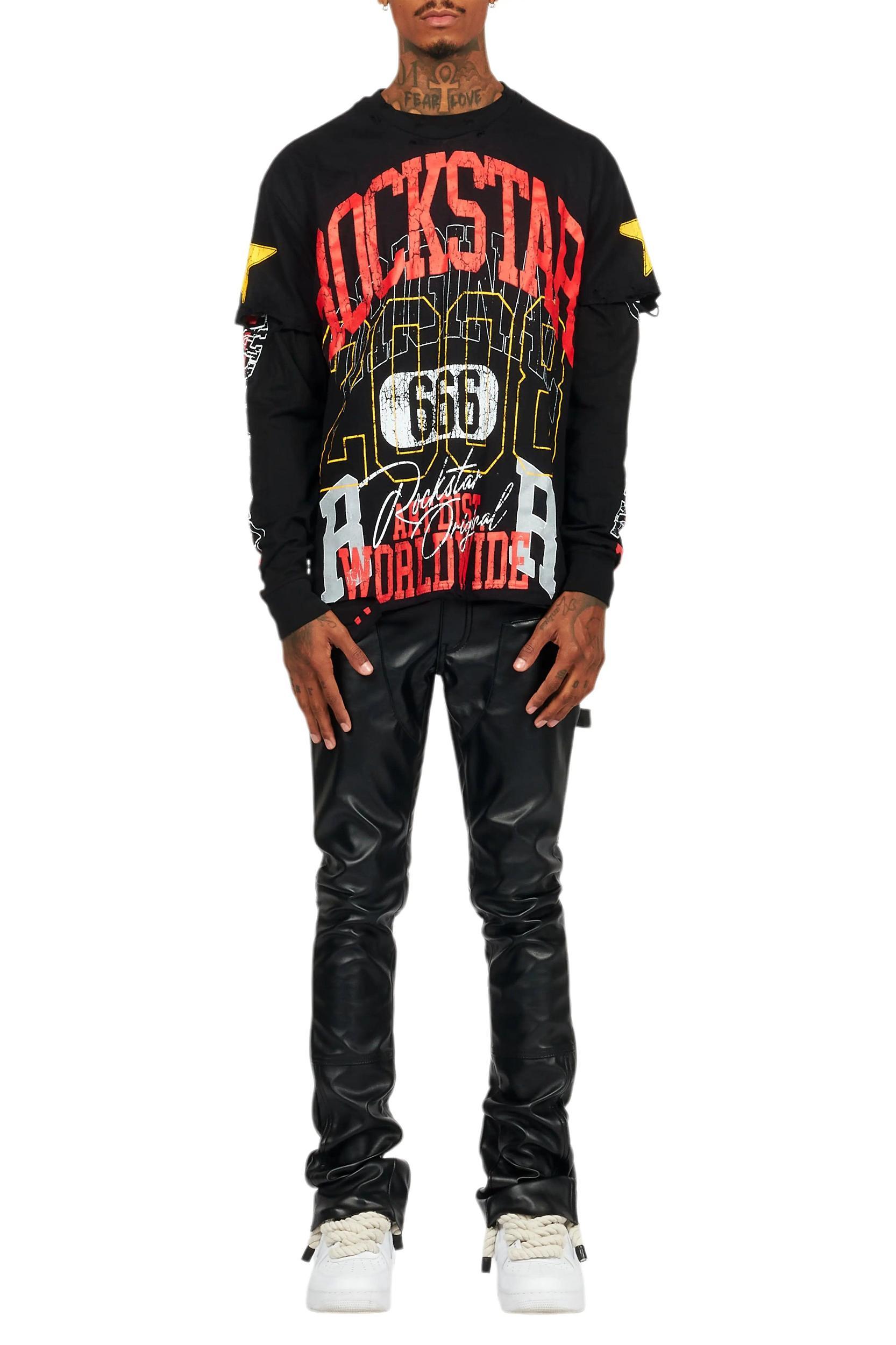 Quatz Black Leather Stacked Flare Jean Male Product Image
