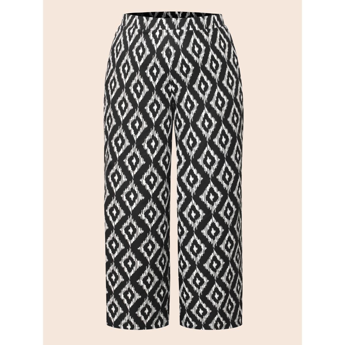 Plus Size Geometric Mid Rise Pocket Pants Women Black At the Office Wide Leg Mid Rise Work Pants BloomChic 26/4X Product Image