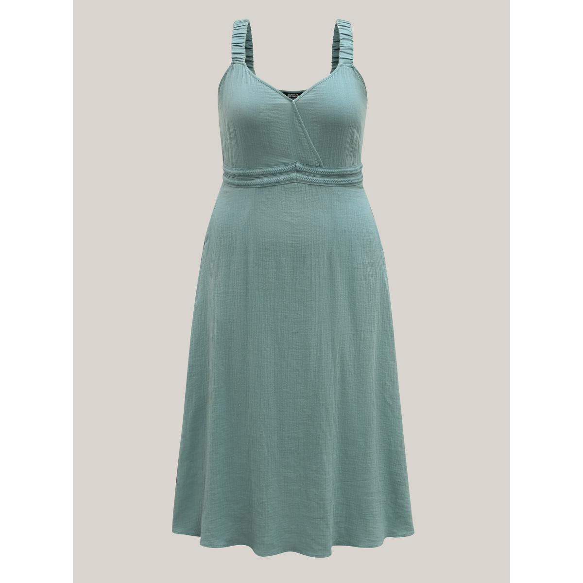 Plus Size Cotton Textured Cinched-Waist A-Line Midi Dress Teal Women V-neck Sleeveless Curvy BloomChic 12/L Product Image
