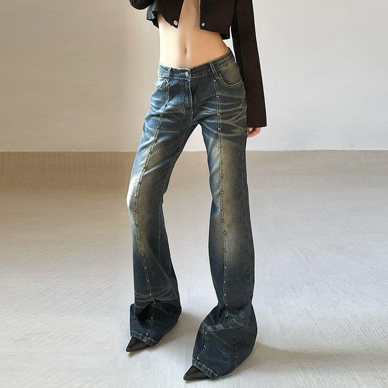 Mid Waist Washed Studded Flared Jeans Product Image