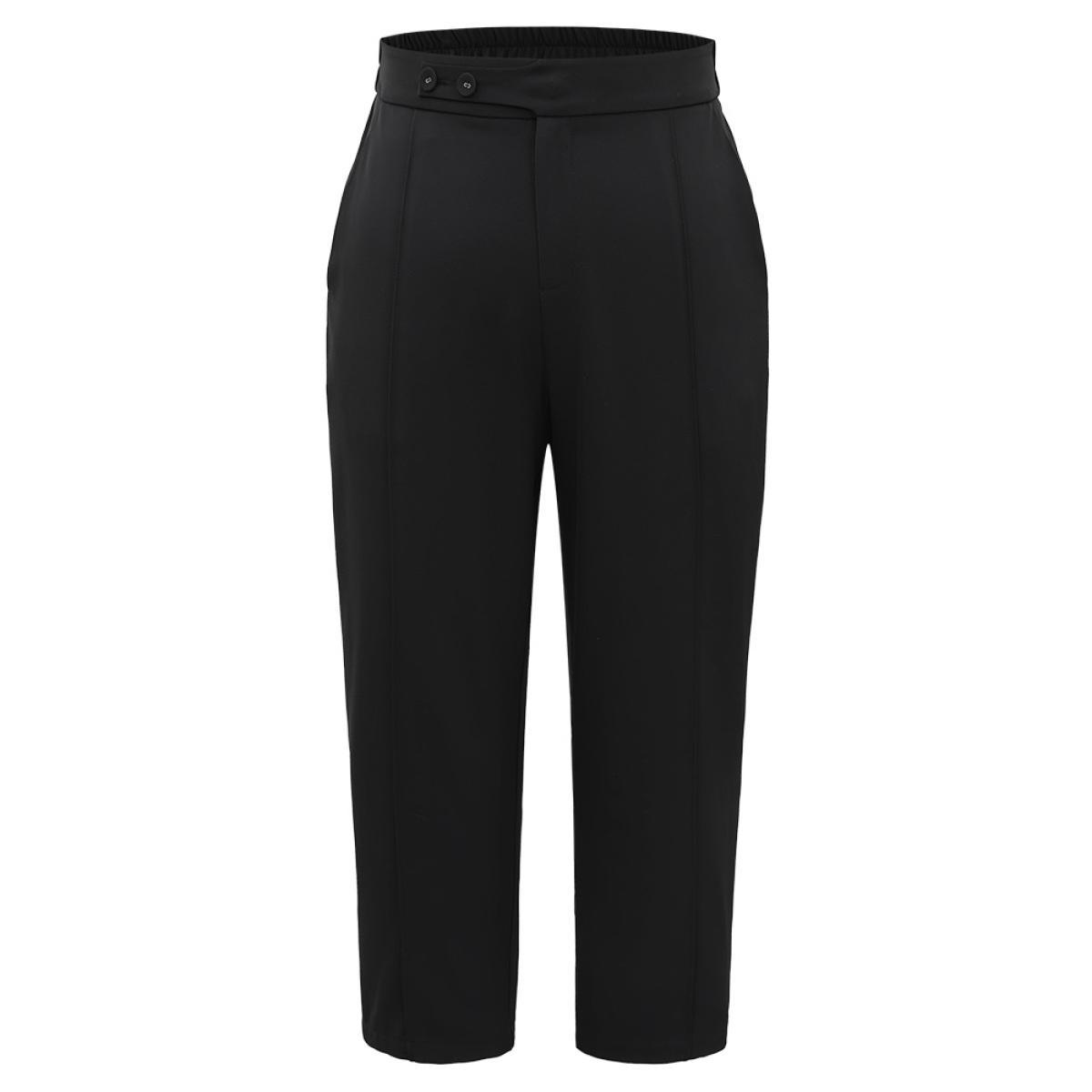 Plus Size Plain Elastic Waist Pleated Button Detail Pants Women Black Office High Rise Work Pants BloomChic 30/6X Product Image