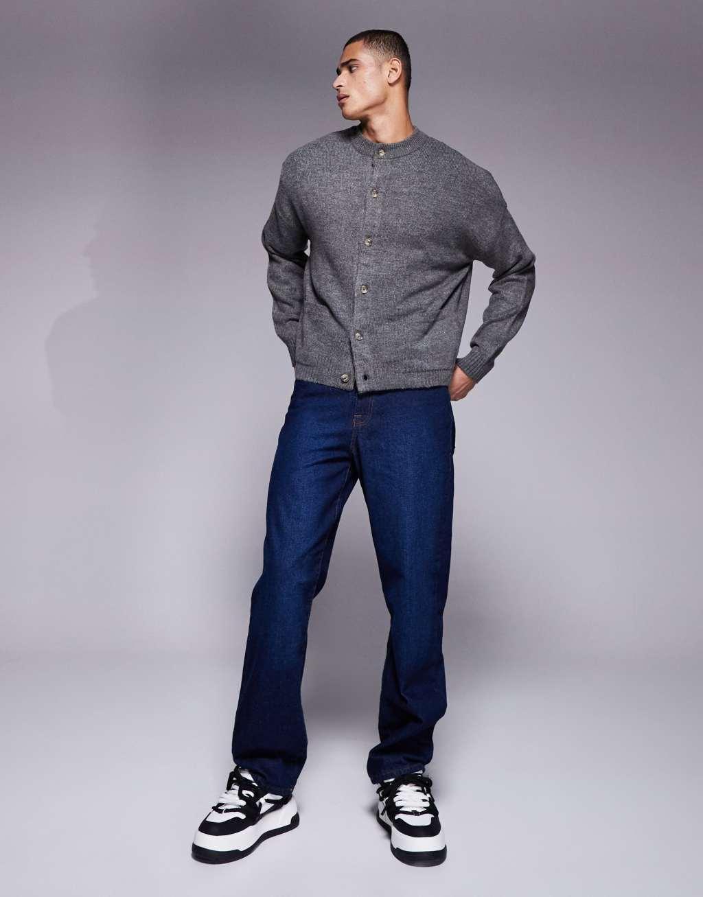 ASOS DESIGN oversized boxy knitted crew neck cardigan with pockets in charcoal Product Image