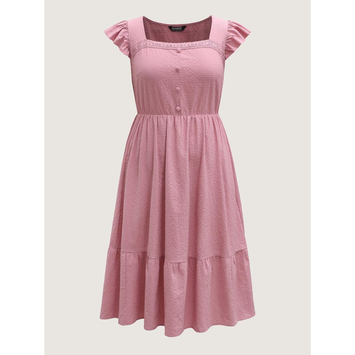 Plus Size Lace Trim Button Detail Tiered Midi Dress Beanpastepowder Women Square Neck Cap Sleeve Curvy BloomChic 22-24/3X Product Image