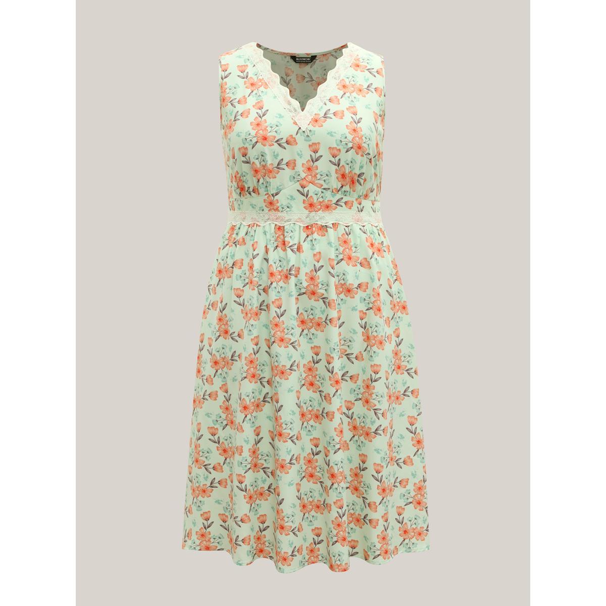 Plus Size Breezy Floral Print Lace Trim Midi Dress LightGreen Women V-neck Sleeveless Curvy BloomChic 18-20/2X Product Image
