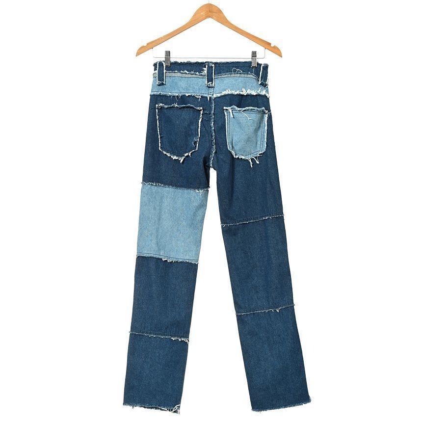 High-Waist Fray-Trim Color-Block Straight Leg Jeans Product Image