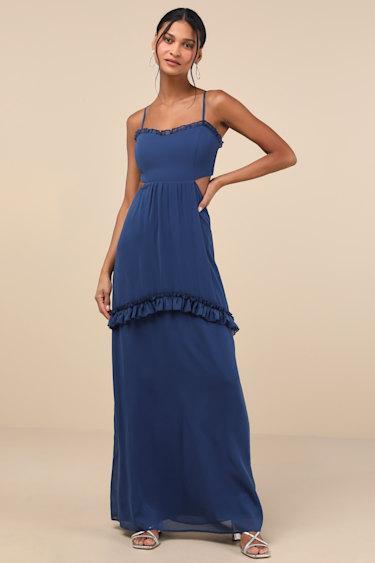 Pronounced Perfection Dark Blue Cutout Tie-Back Maxi Dress Product Image