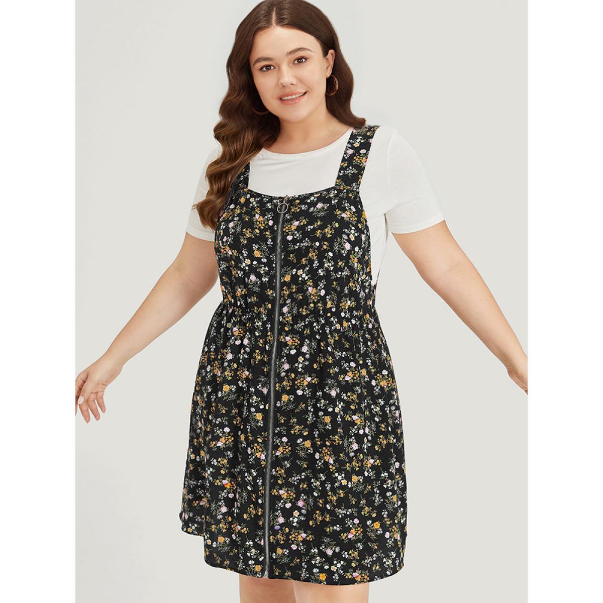 Plus Size Ditsy Floral Pocket Zipper Overall Cami Dress Black Women Casual Zipper Spaghetti Strap Sleeveless Curvy Knee Dress BloomChic 12/L Product Image
