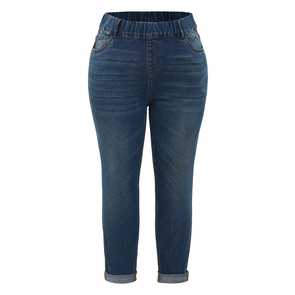 Plus Size Plain Elastic Waist Medium Wash Roll Hem Jeans Women Indigo Casual Plain Plain High stretch Pocket Jeans BloomChic 24/3X Product Image