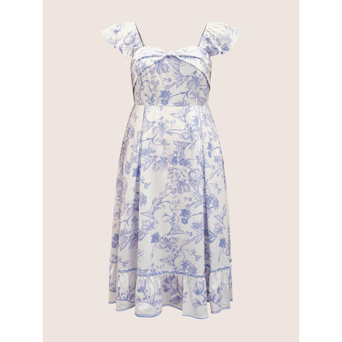 Plus Size Square Neck Floral Twist Ruffle Cap Sleeve Dress Originalwhite Women Elegant Twist Square Neck Cap Sleeve Curvy BloomChic 12/L Product Image