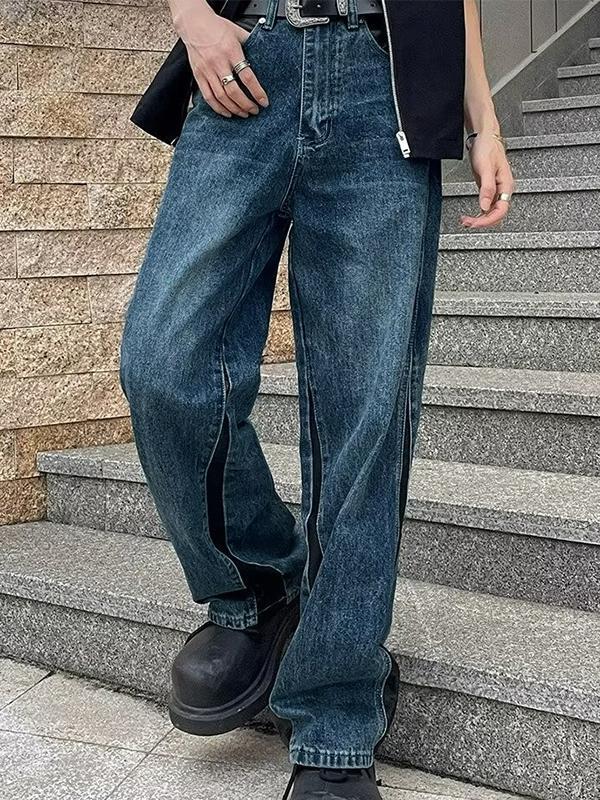 Men's Vintage Blue Splice Loose Jeans Product Image