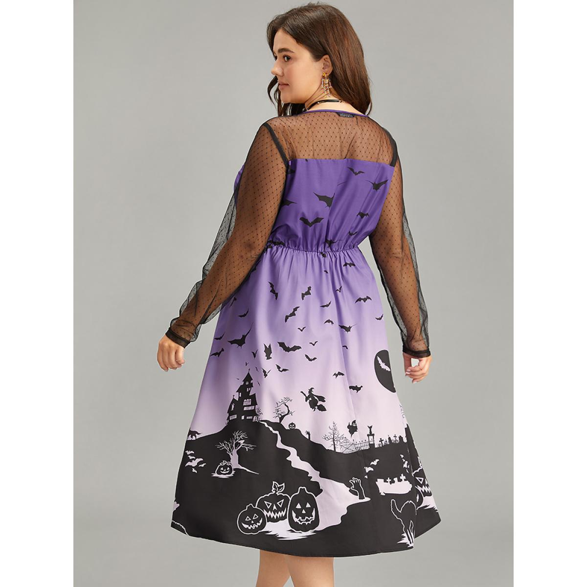 Plus Size Halloween Graphic Pocket Mesh Patchwork Dress Purple Women Elegant See through Round Neck Long Sleeve Curvy Midi Dress BloomChic 22-24/3X Product Image