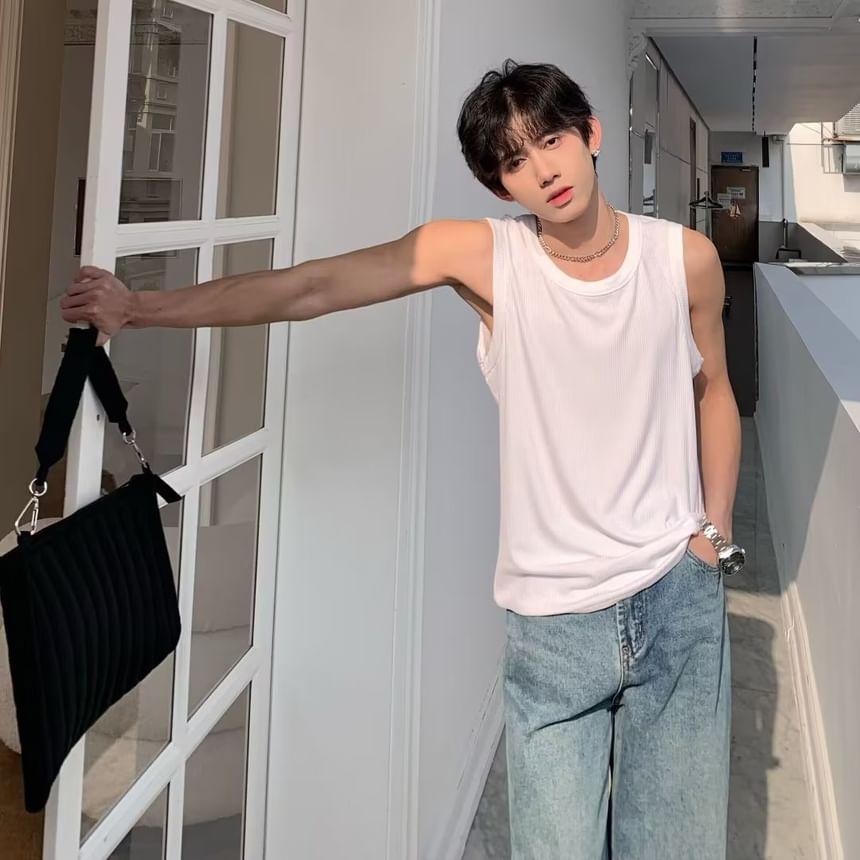 Crew Neck Plain Tank Top / Drawstring Waist Straight Leg Pants Product Image