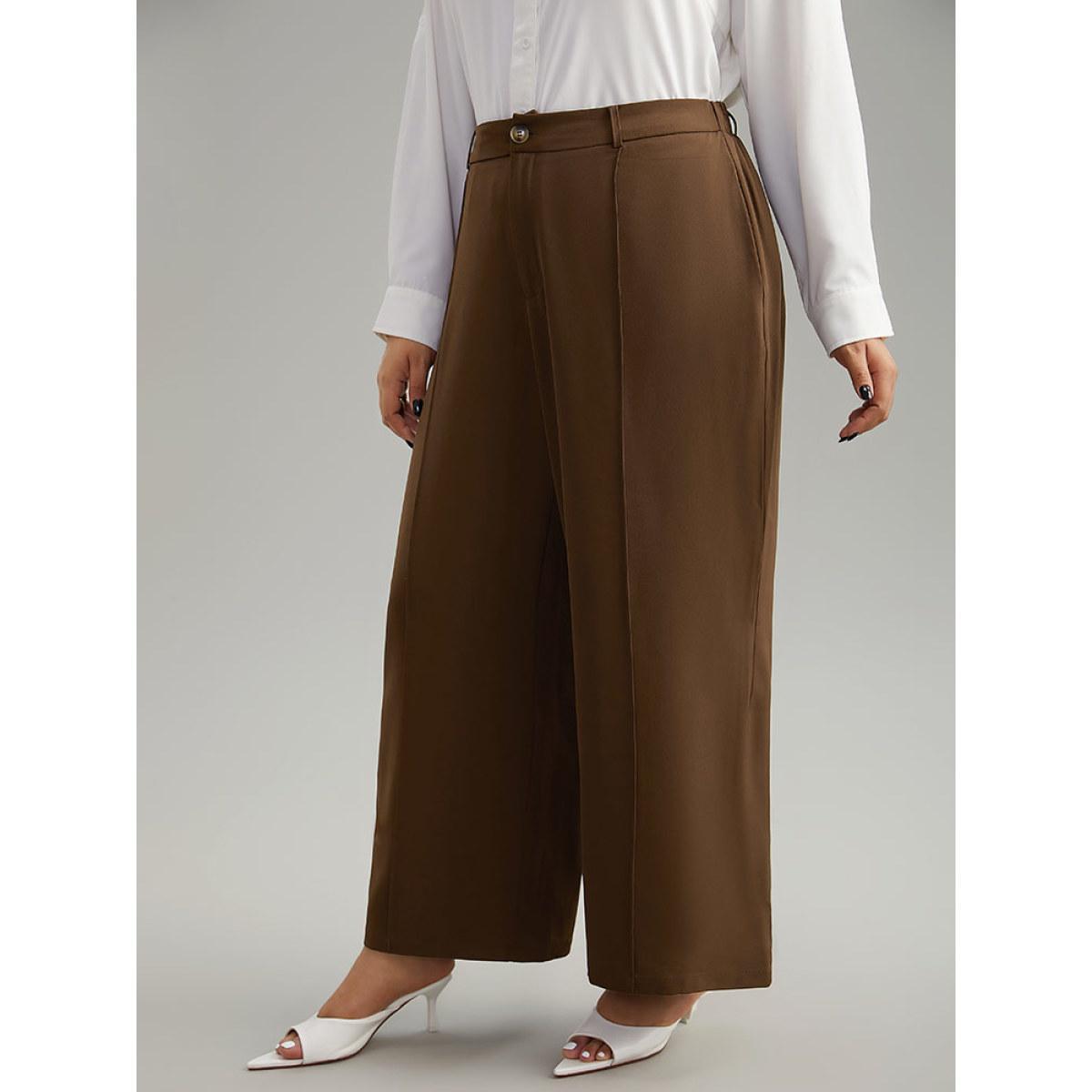 Plus Size Static-Free Plain Pocket Pleated Pants Women DarkBrown Office Straight Leg High Rise Work Pants BloomChic 10/M Product Image