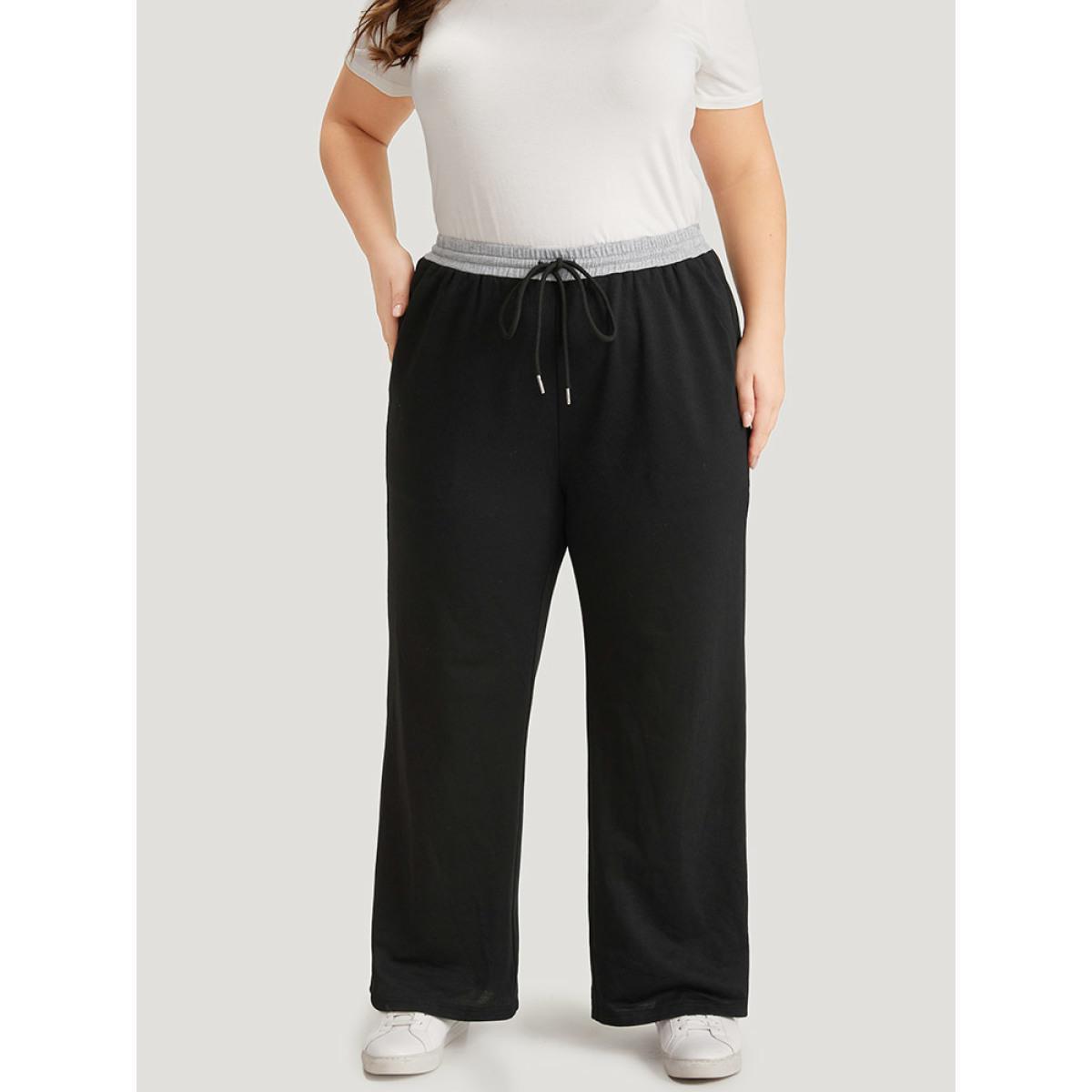 Plus Size Contrast Patchwork Drawstring Straight Leg Pants Women Black Casual High Rise Dailywear Pants BloomChic 30/6X Product Image