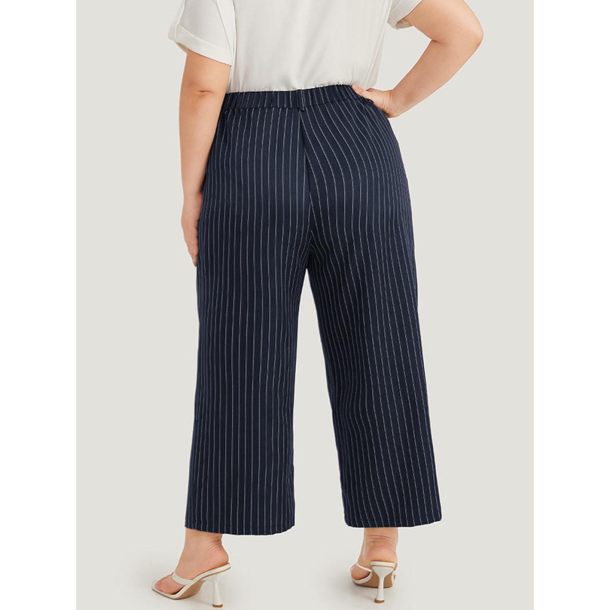 Plus Size Striped Pocket Loose Pleated Button Fly Pants Women Indigo At the Office Straight Leg High Rise Work Pants BloomChic 14-16/1X Product Image