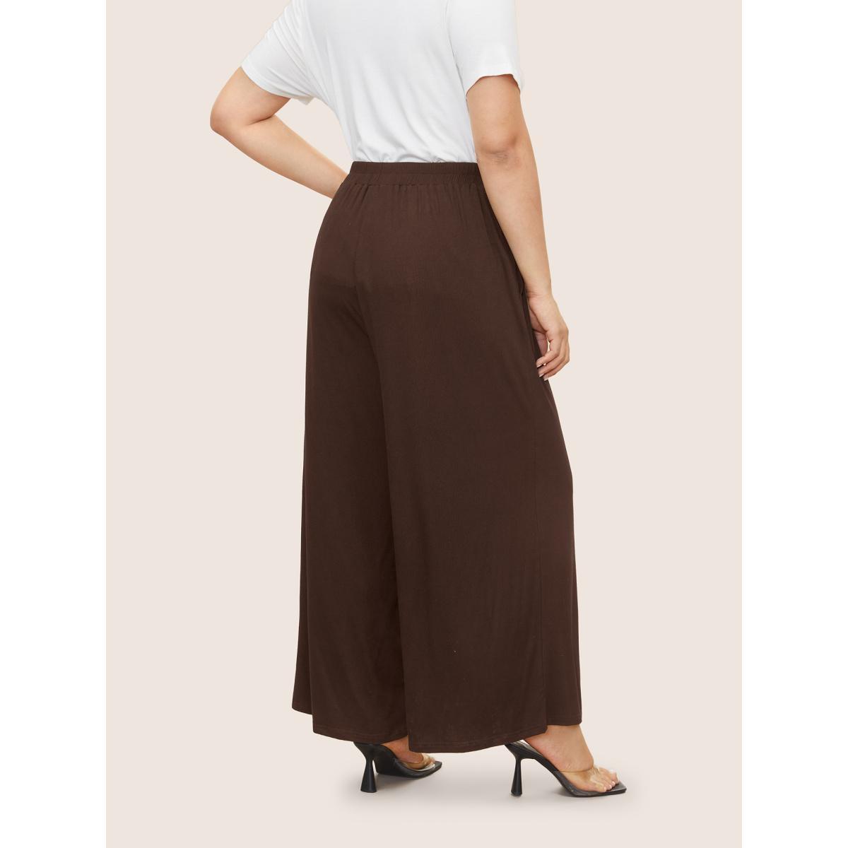 Plus Size Supersoft Essentials Button Detail Wide Leg Pants Women Browncoffeecolor Elegant Wide Leg High Rise Everyday Pants BloomChic 14-16/1X Product Image