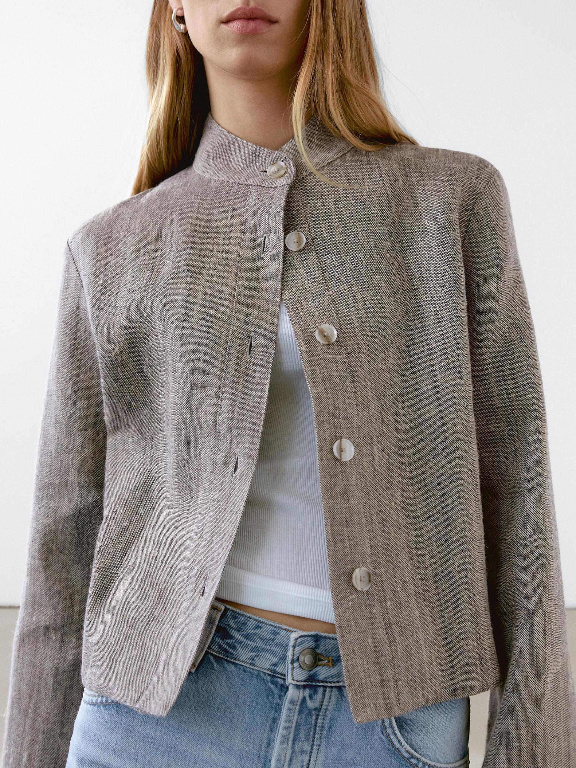Short linen jacket with stand collar Product Image