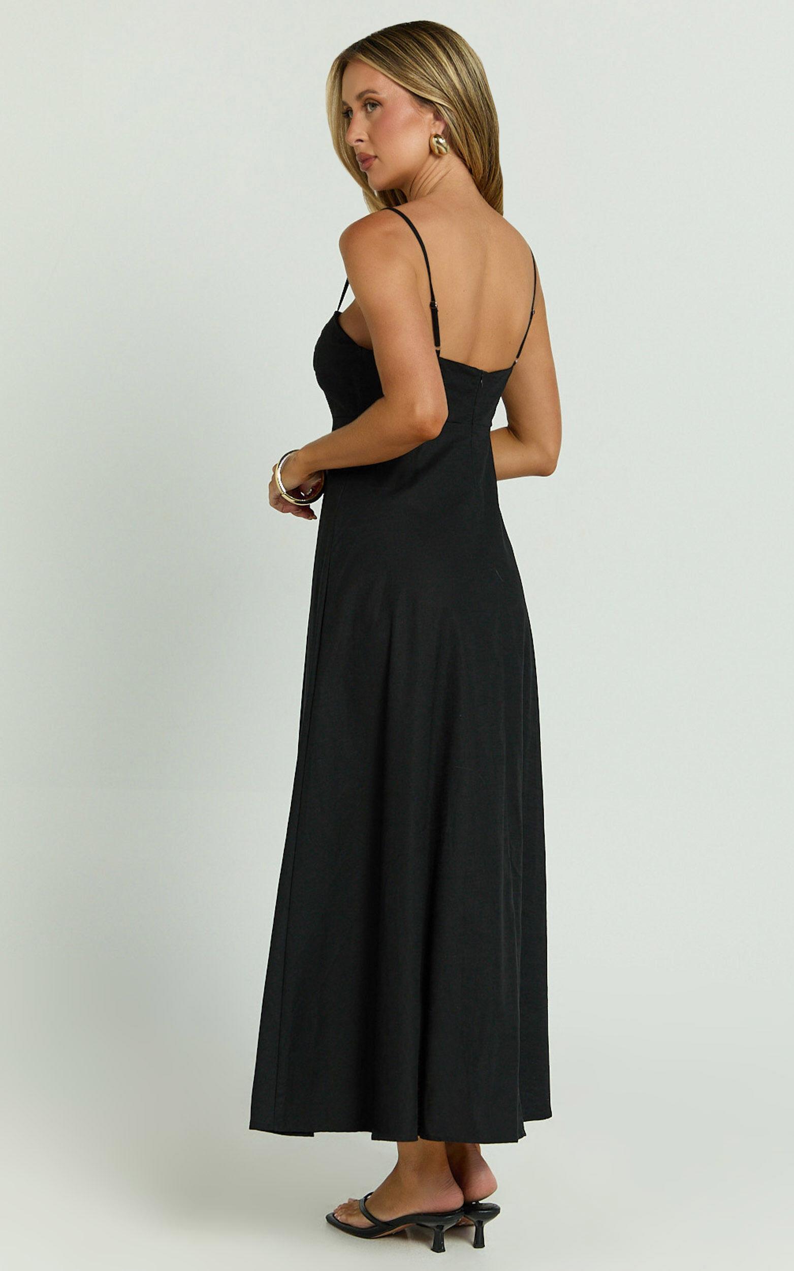 Brette Midi Dress - Linen Straight Neck Strappy Fit And Flare Dress in Black Product Image