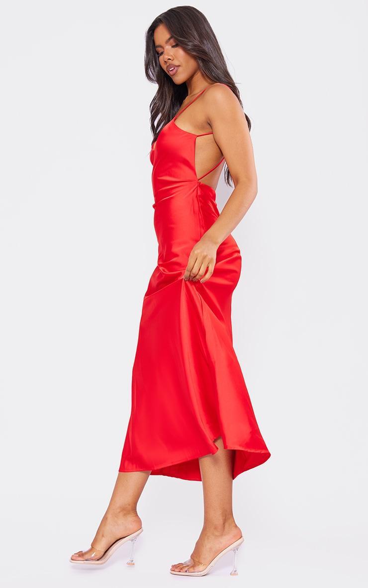 Red Satin V Neck Slip Dress Product Image