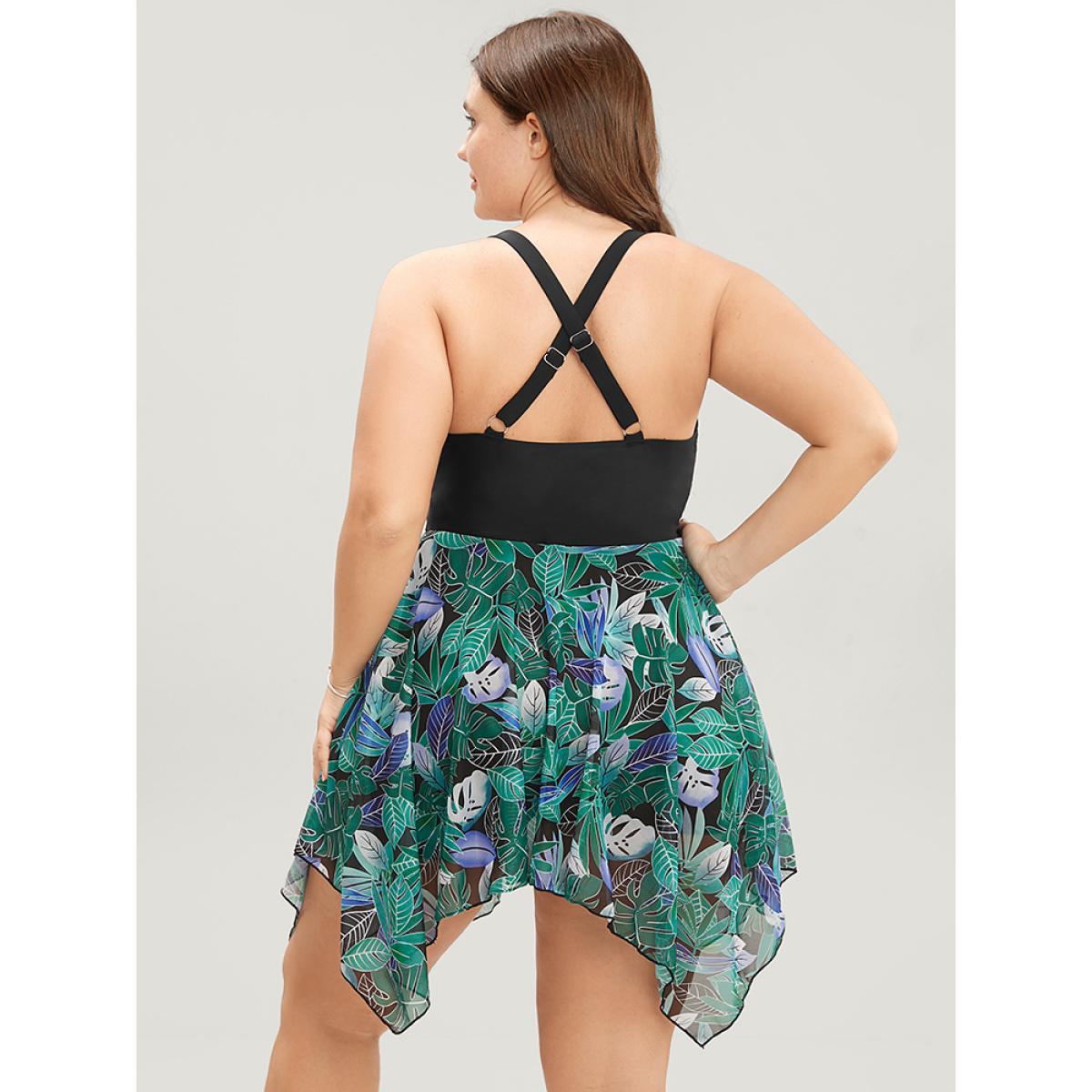 Mesh Adjustable Straps Plus Size Women Tropical Swim Dress Very Stretchy Bodycon Sleeveless V Neck Vacation Swim Dresses BloomChic Product Image