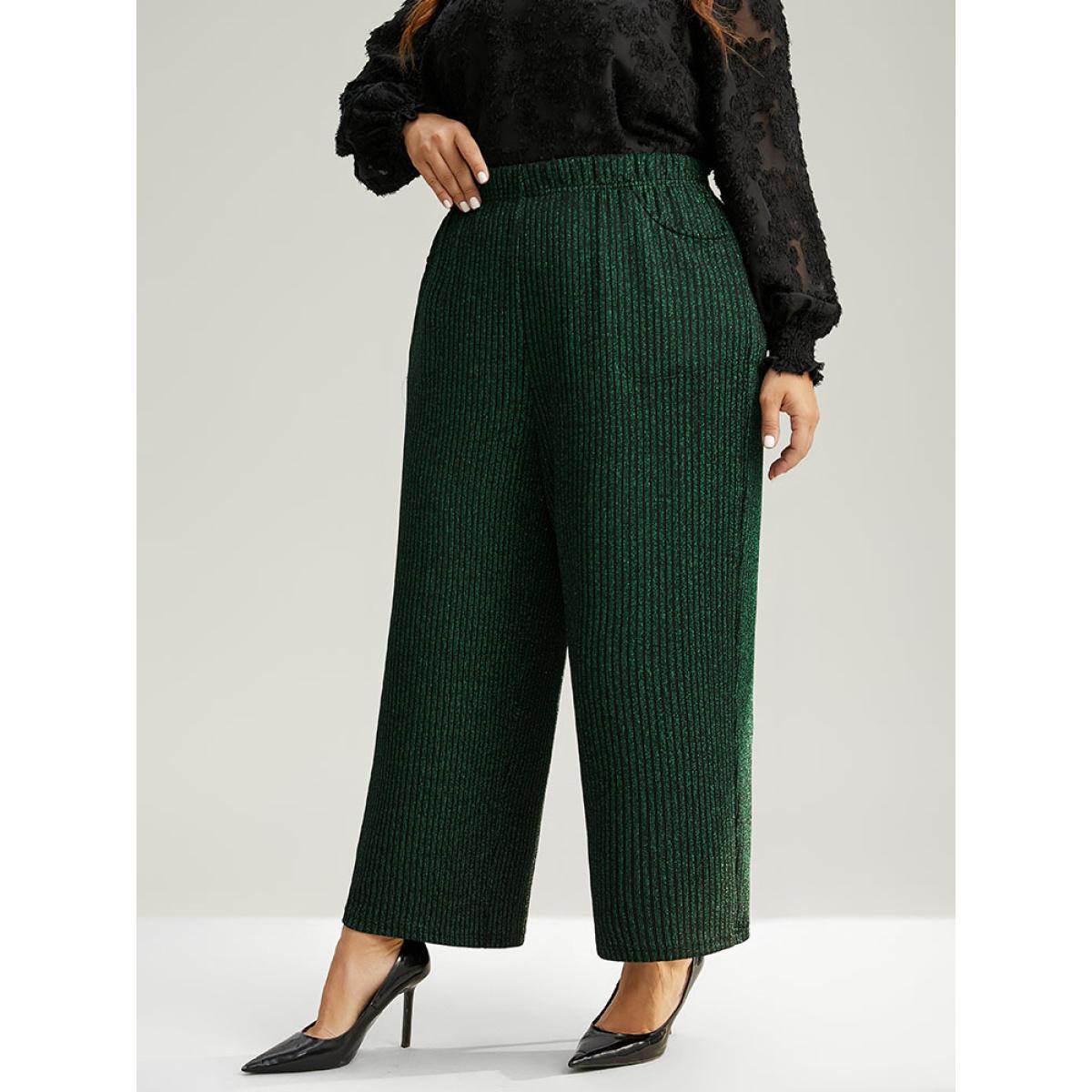 Plus Size Plain Texture Luxe Elastic Waist Straight Leg Pants Women Green Glamour Straight Leg High Rise Festival-Christmas Pants BloomChic 28/5X Product Image