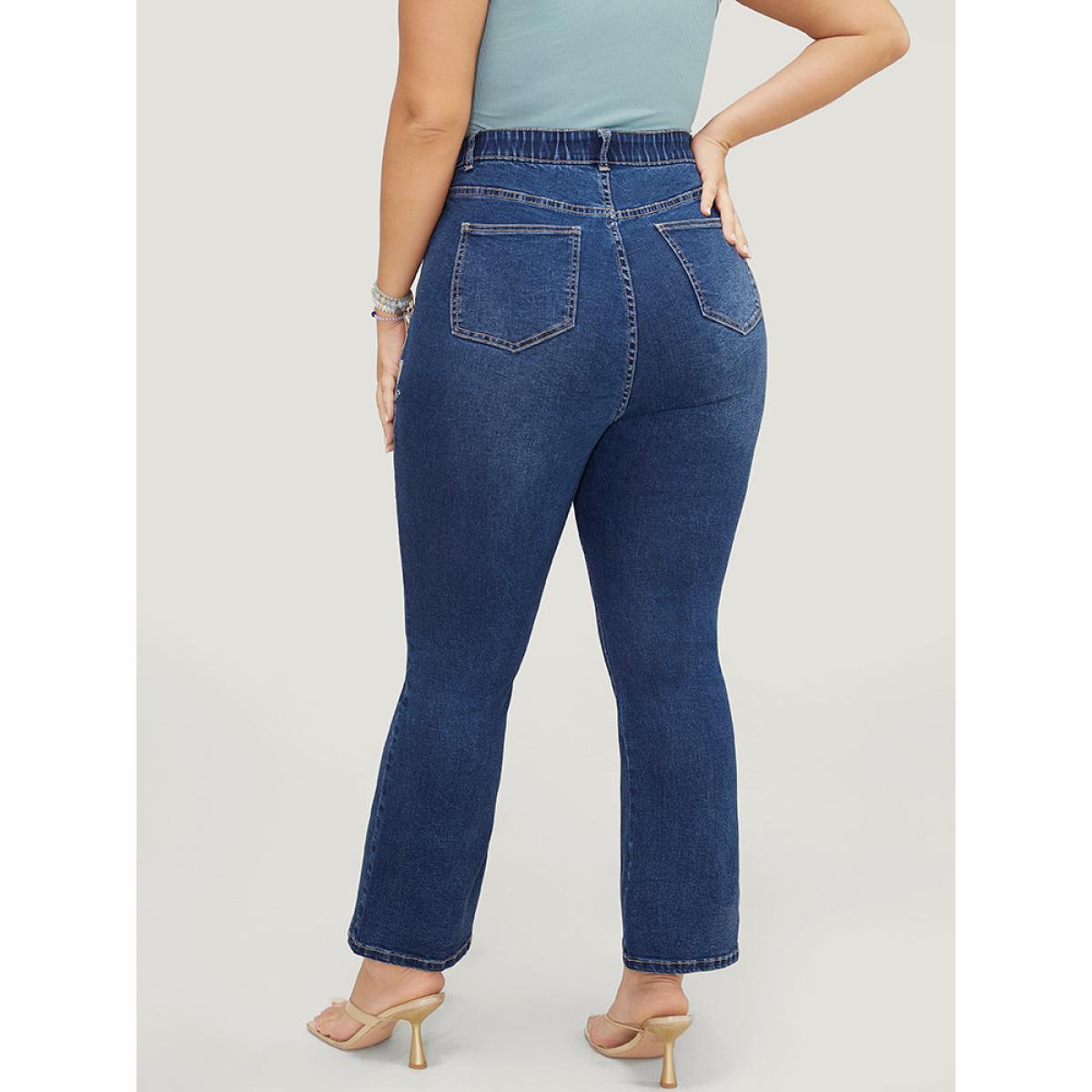 Plus Size Butterfly Embroidered Moderately Stretchy High Rise Dark Wash Bootcut Jeans Women Blue Elegant Plain Embroidered Medium stretch Pocket Jeans BloomChic 20/2X Product Image