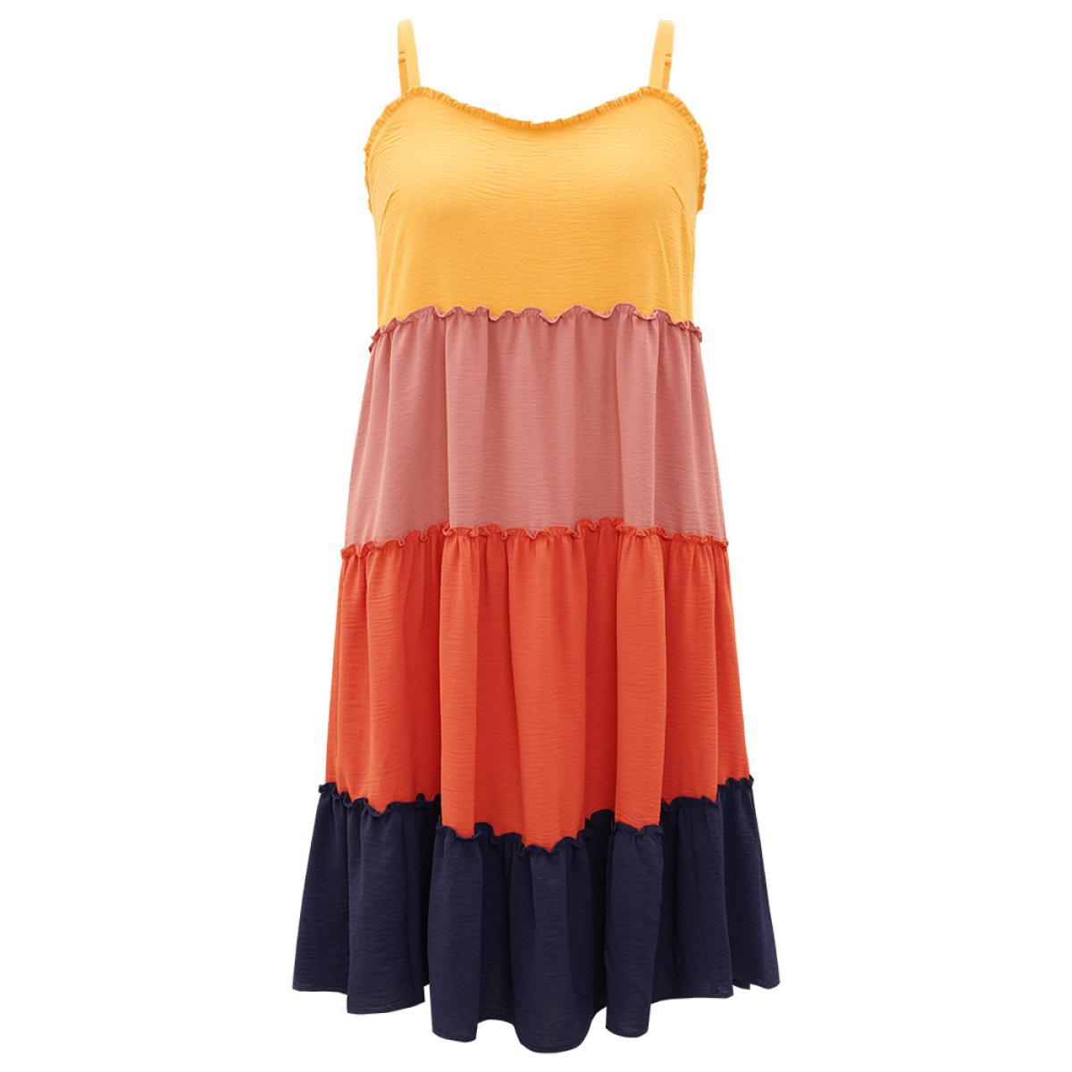 Plus Size Colorblock Contrast Flutter Hem Frill Trim Cami Dress Multicolor Women Casual Adjustable Straps Spaghetti Strap Sleeveless Curvy Midi Dress BloomChic 22-24/3X Product Image