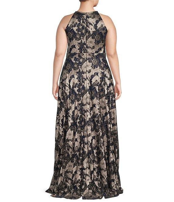 Betsy & Adam Plus Size Metallic Crinkle Sleeveless Halter Neck Foil Floral Print A-Line Gown Product Image