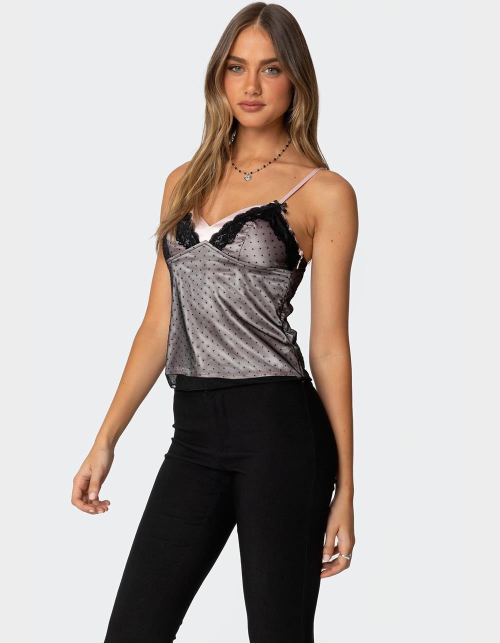 EDIKTED Janie Layered Polka Dot Mesh Top Product Image