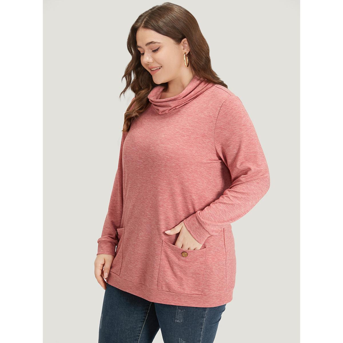 Plus Size Plain Heather Turtleneck Pocket Button Detail Sweatshirt Women Russet Casual Printed Turtleneck Dailywear Sweatshirts BloomChic 14-16/1X Product Image