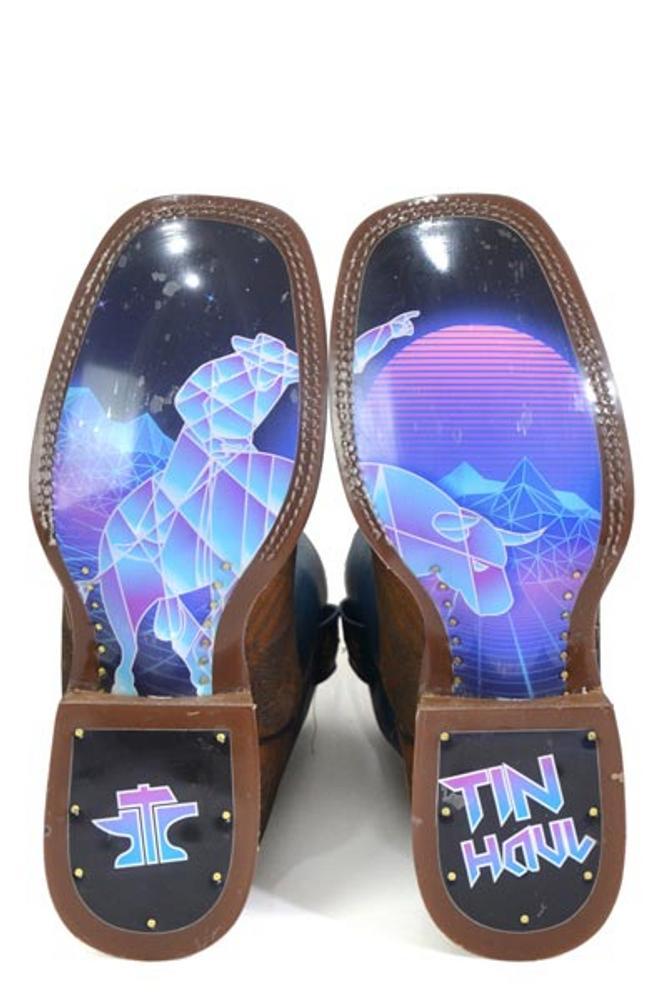 SALE Tin Haul® Men's Criss Cross Tan/Blue Upper Geo Rider Sole Square Toe Boots Product Image