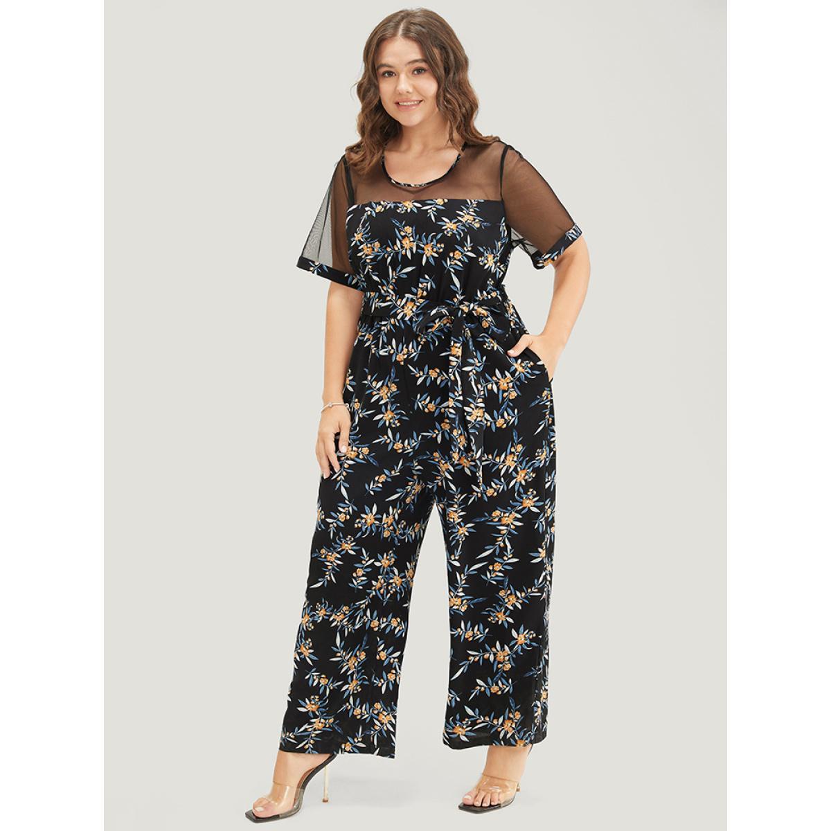 Plus Size Black Floral Mesh Patchwork Crew Neck Pocket Belted Jumpsuit Women Elegant Short sleeve Round Neck Dailywear Loose Jumpsuits BloomChic 14-16/1X Product Image
