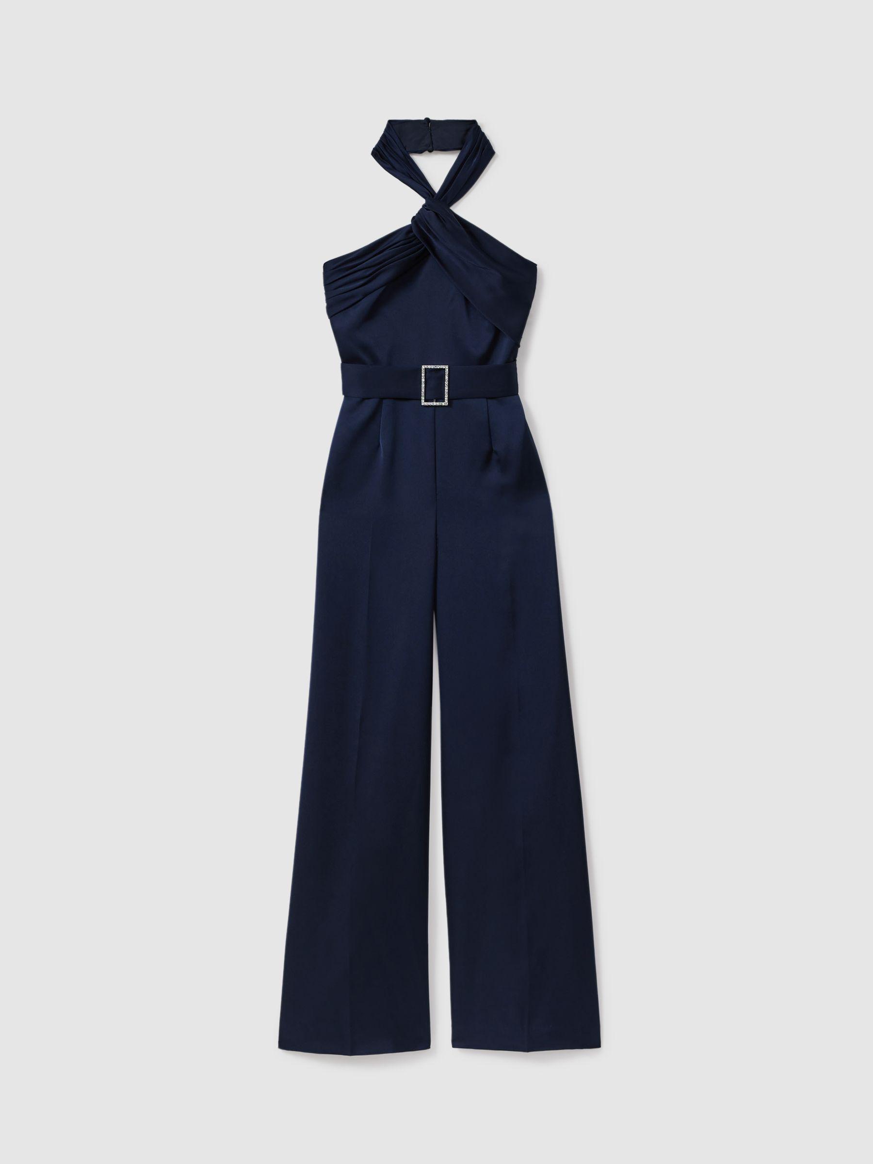 Halston Satin Halter Neck Jumpsuit in Black Product Image