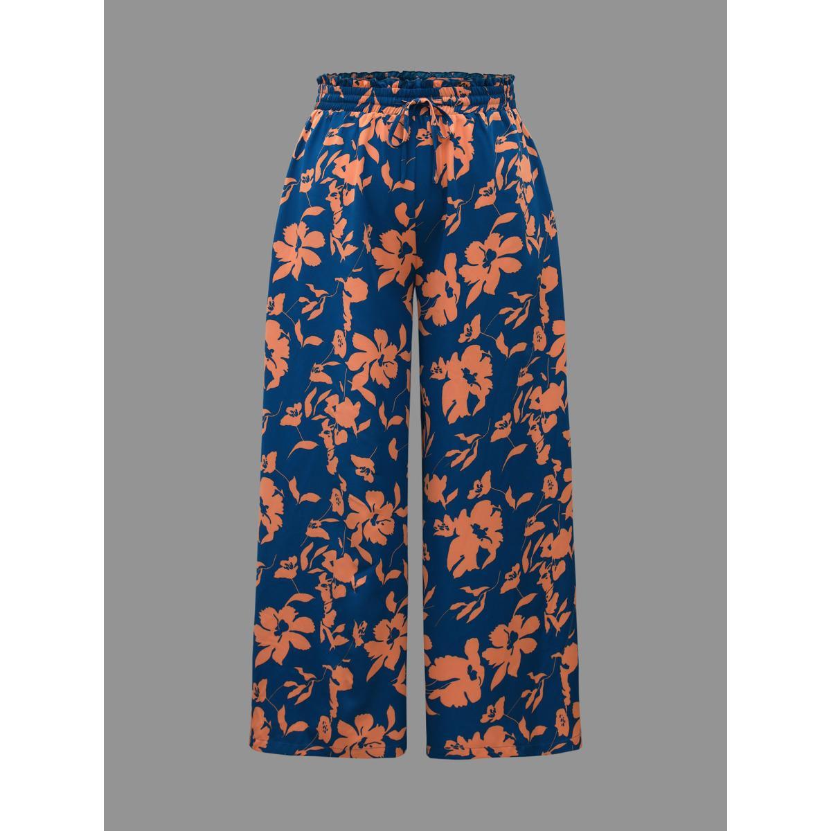 Plus Size Floral Smocked Waist Flared Leg Pants Women DarkBlue Elegant Wide Leg Mid Rise Everyday Pants BloomChic 12/L Product Image